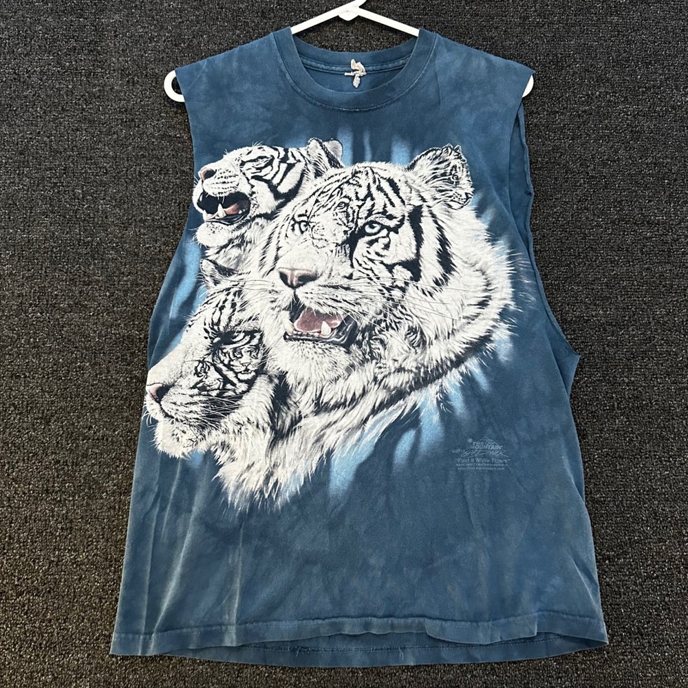 The Mountain White Tiger Graphic Tank Mens Small Blue Tie Dye Good Cut Sleeves